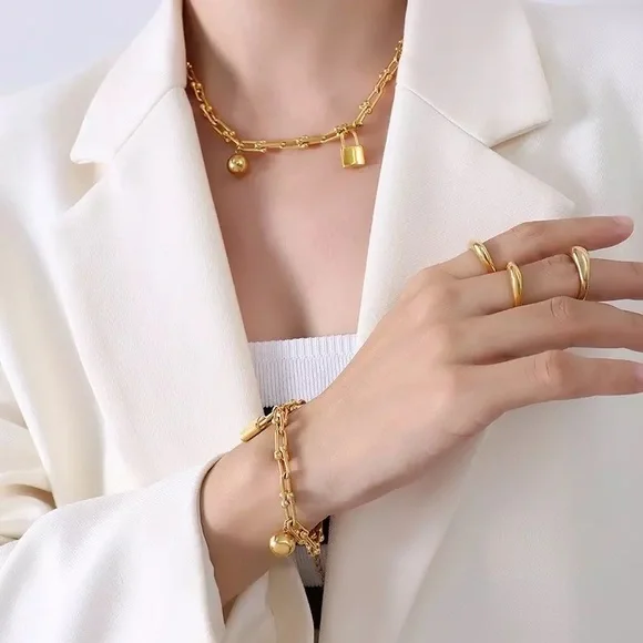 Zara Ball and Chain Matte Textured Gold Pendant Oval Circle Link Necklace Metal